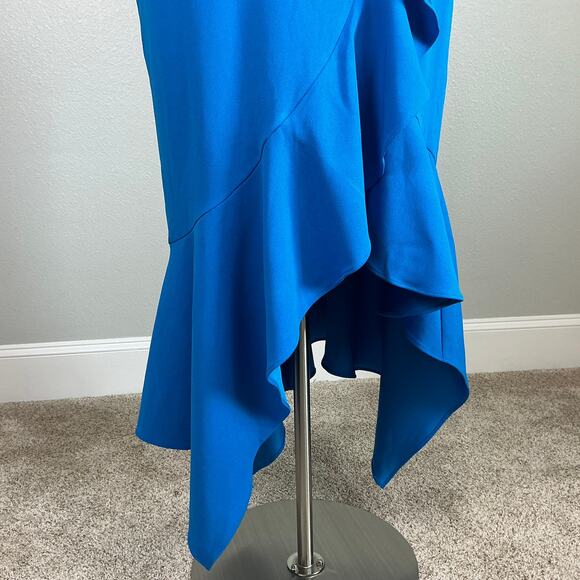 XSCAPE One Shoulder Ruffled High Low Sheath Cocktail Dress Blue Size 16 - Picture 10 of 13